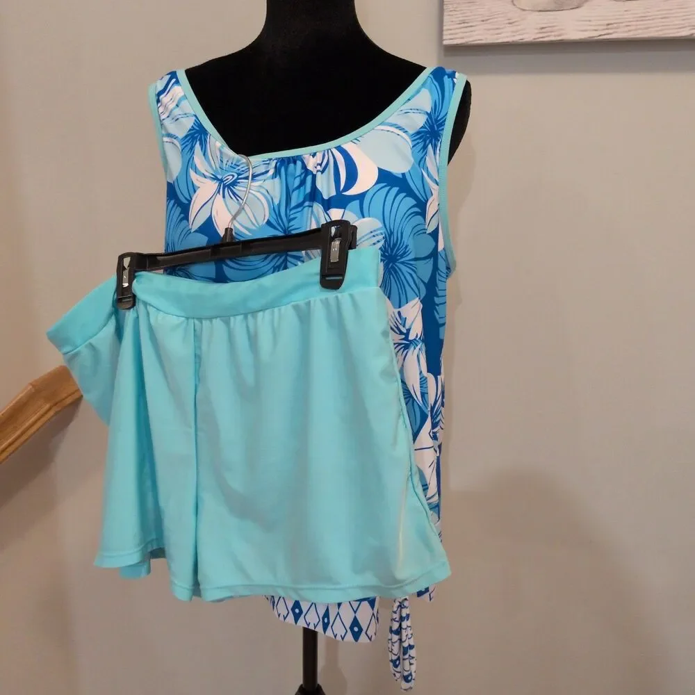 Cherievale Aqua Blue Hibiscus Floral Two Piece Tankini Swimsuit Set